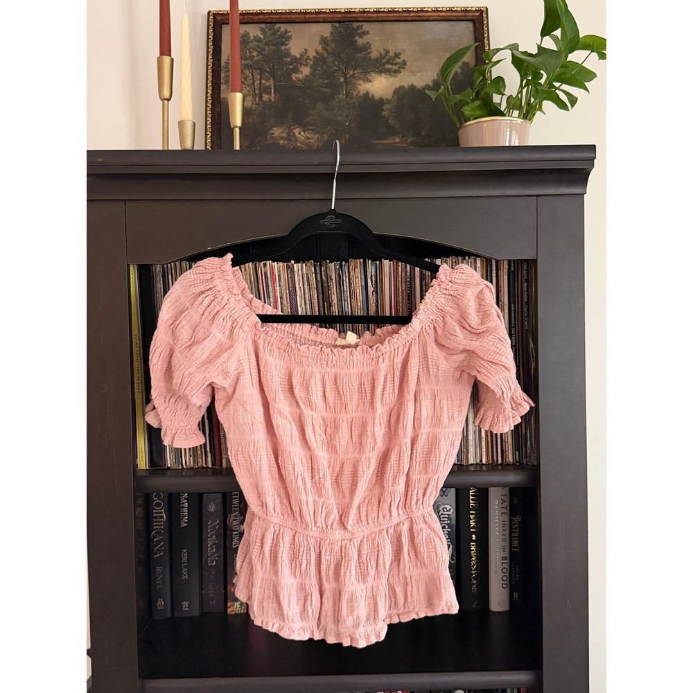 Coquette Gilli Smocked Off Shoulder Peplum Top S Pink Ruffle Boho Fairycore